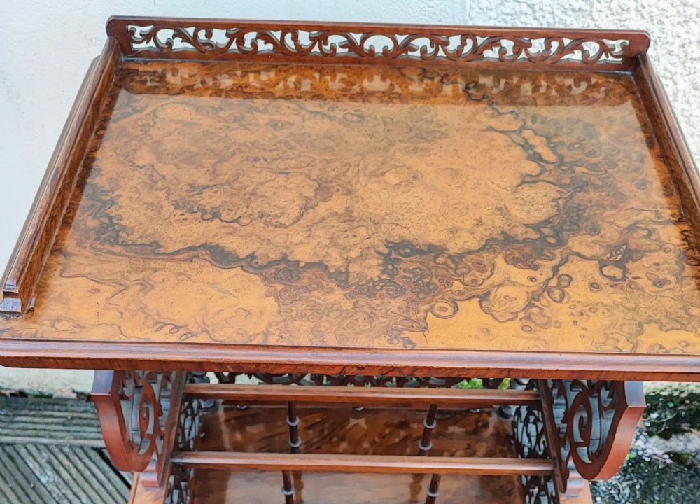 A superb Victorian Canterbury whatnot in burr walnut,  View II