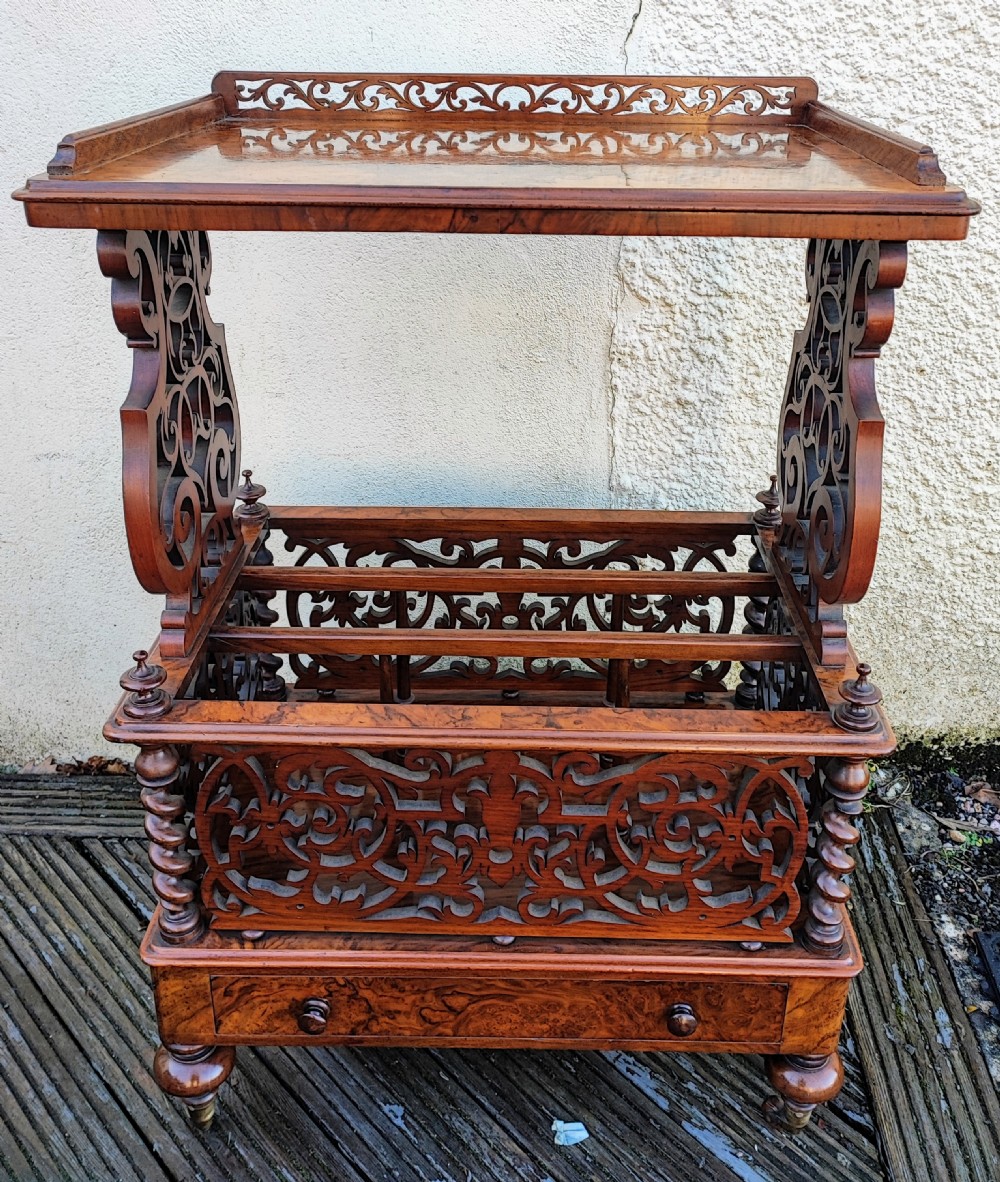 A superb Victorian Canterbury whatnot in burr walnut,  View III