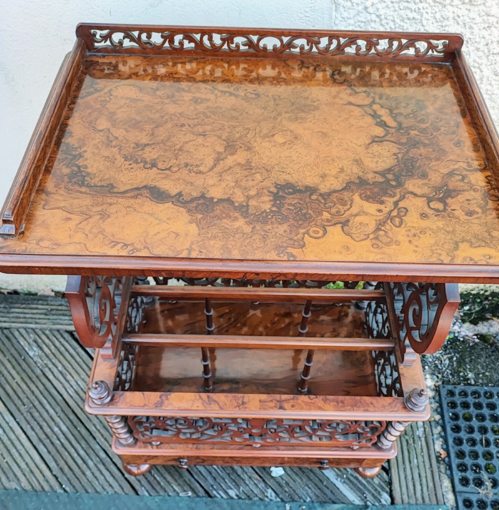 A superb Victorian Canterbury whatnot in burr walnut,  View VI