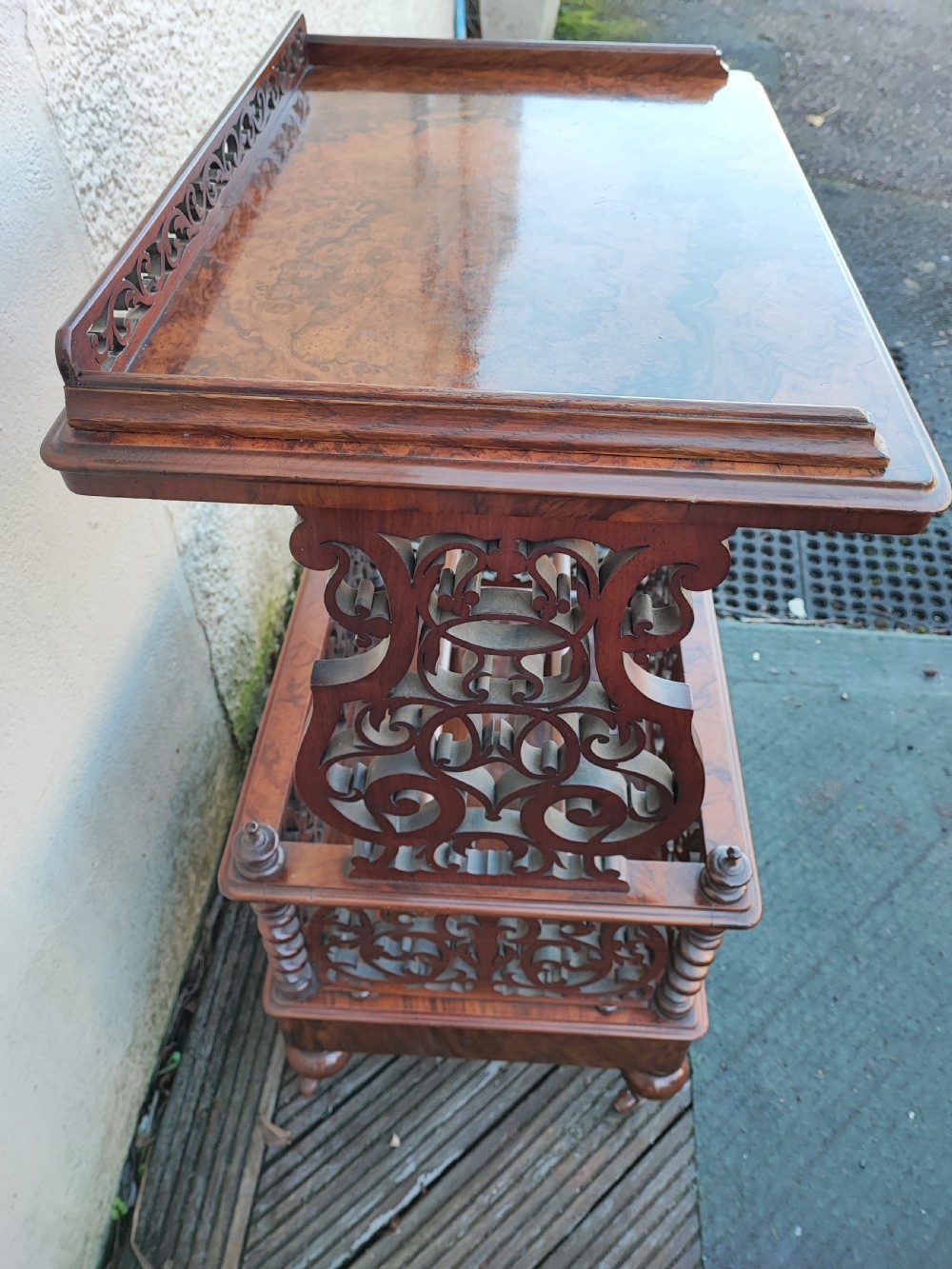 A superb Victorian Canterbury whatnot in burr walnut,  View VII