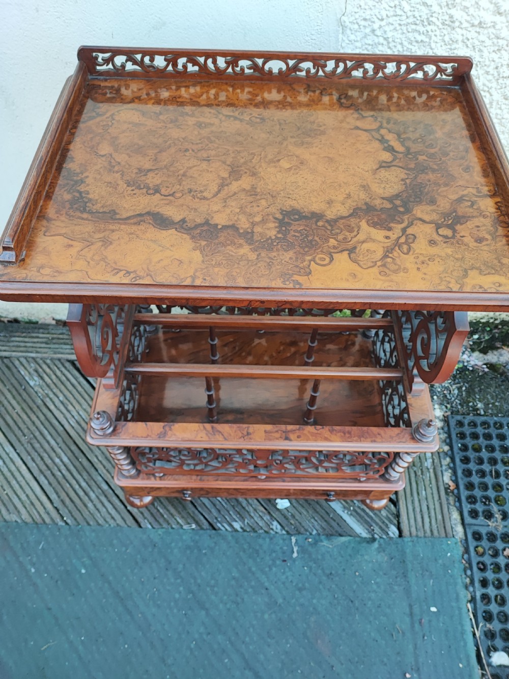 A superb Victorian Canterbury whatnot in burr walnut,  View VIII