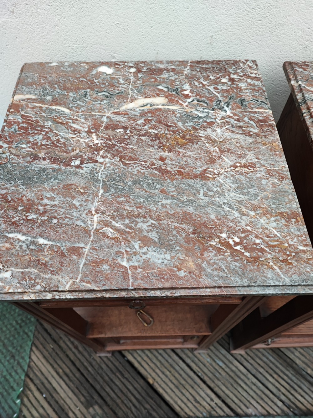 A good pair of golden oak marble top bedside cabinets. View VI