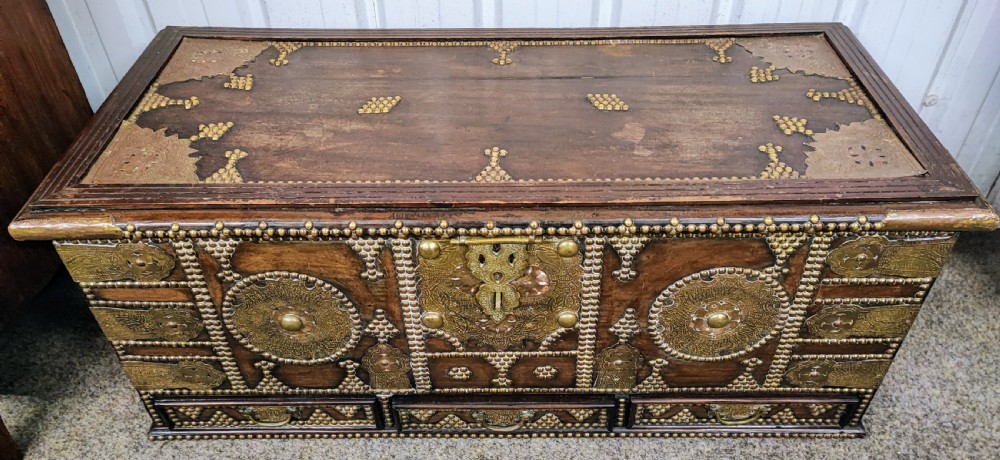 Antique teak and brass Zanzibar trunk