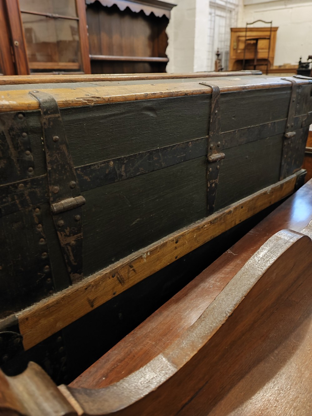 Antique wooden bound travel or steamer trunk. View II