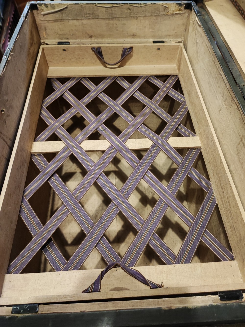 Antique wooden bound travel or steamer trunk. View IV