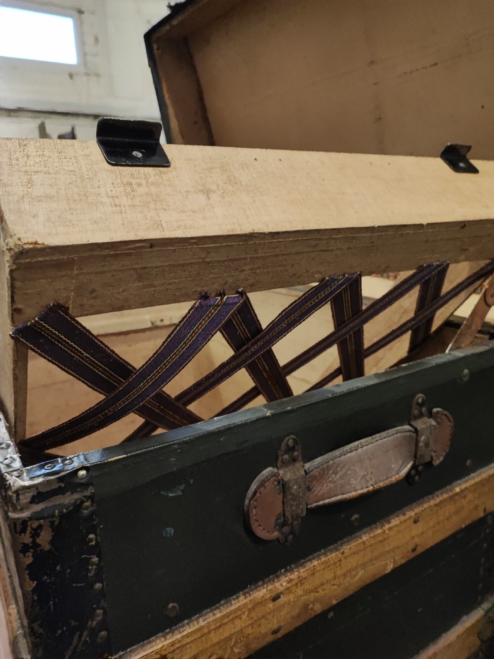 Antique wooden bound travel or steamer trunk. View VI