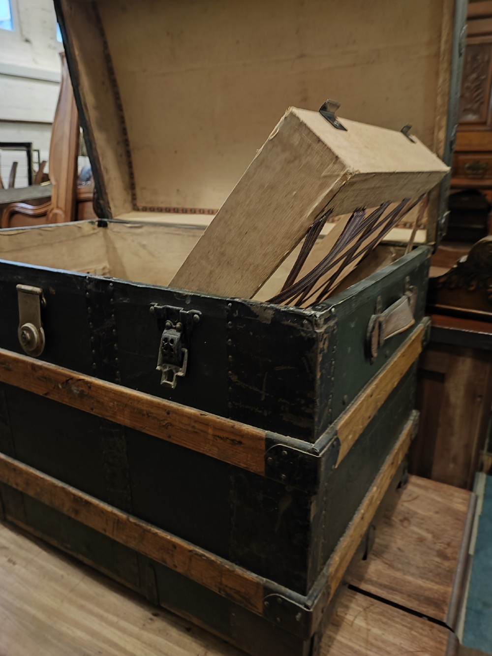 Antique wooden bound travel or steamer trunk. View VII