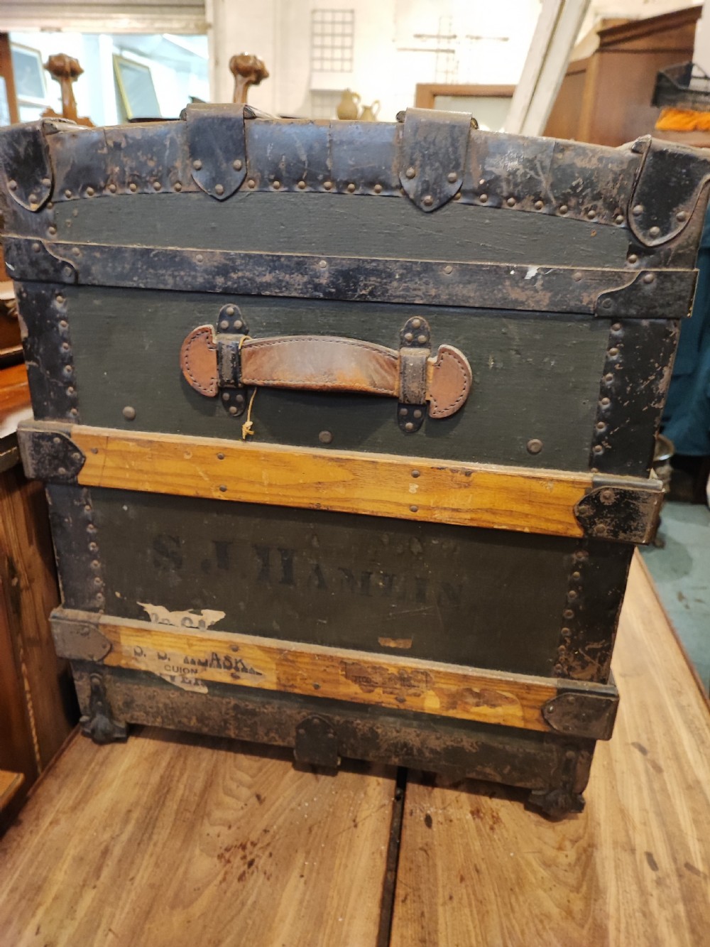 Antique wooden bound travel or steamer trunk. View XI