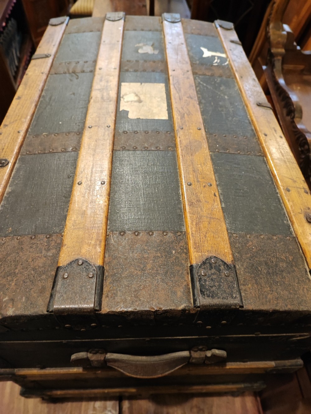 Antique wooden bound travel or steamer trunk. View XII