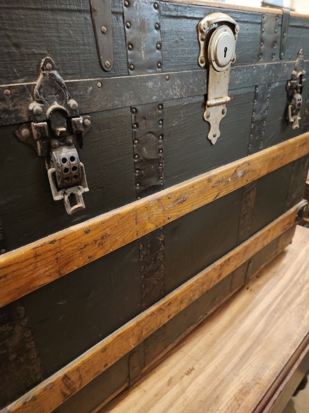 Antique wooden bound travel or steamer trunk. View XIV