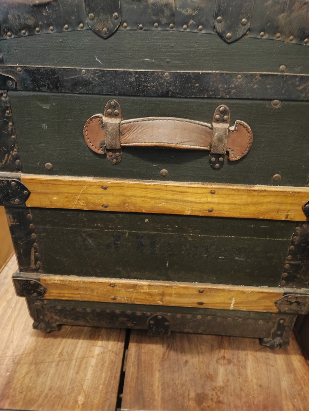 Antique wooden bound travel or steamer trunk. View XV