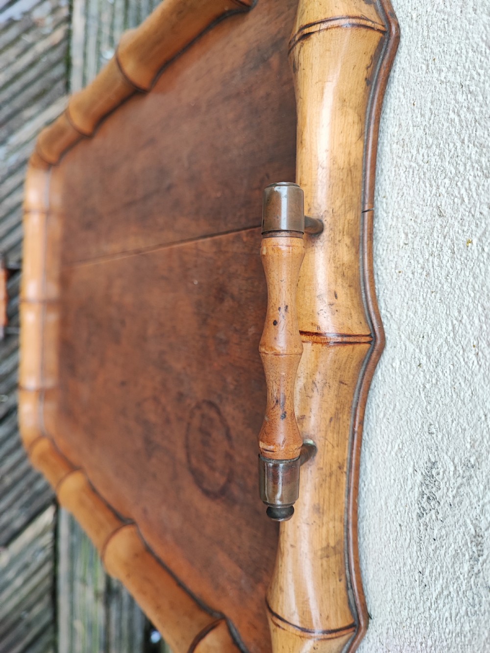 Antique French fruitwood and brass faux bamboo tray. View II