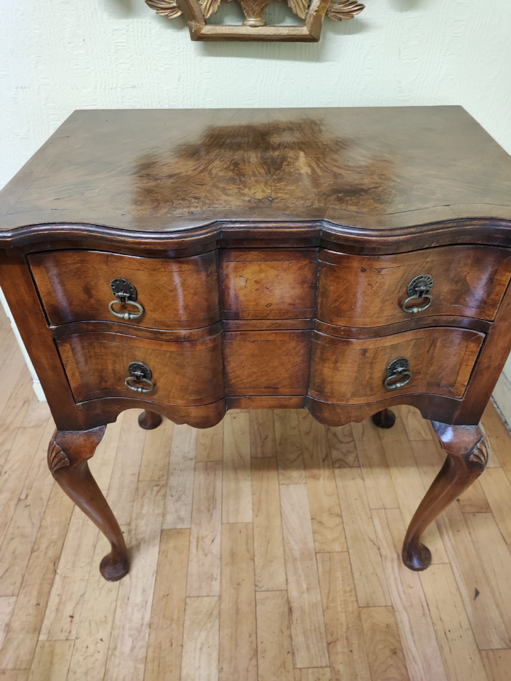 Antique walnut serpentine side table in the Queen Anne style. View II