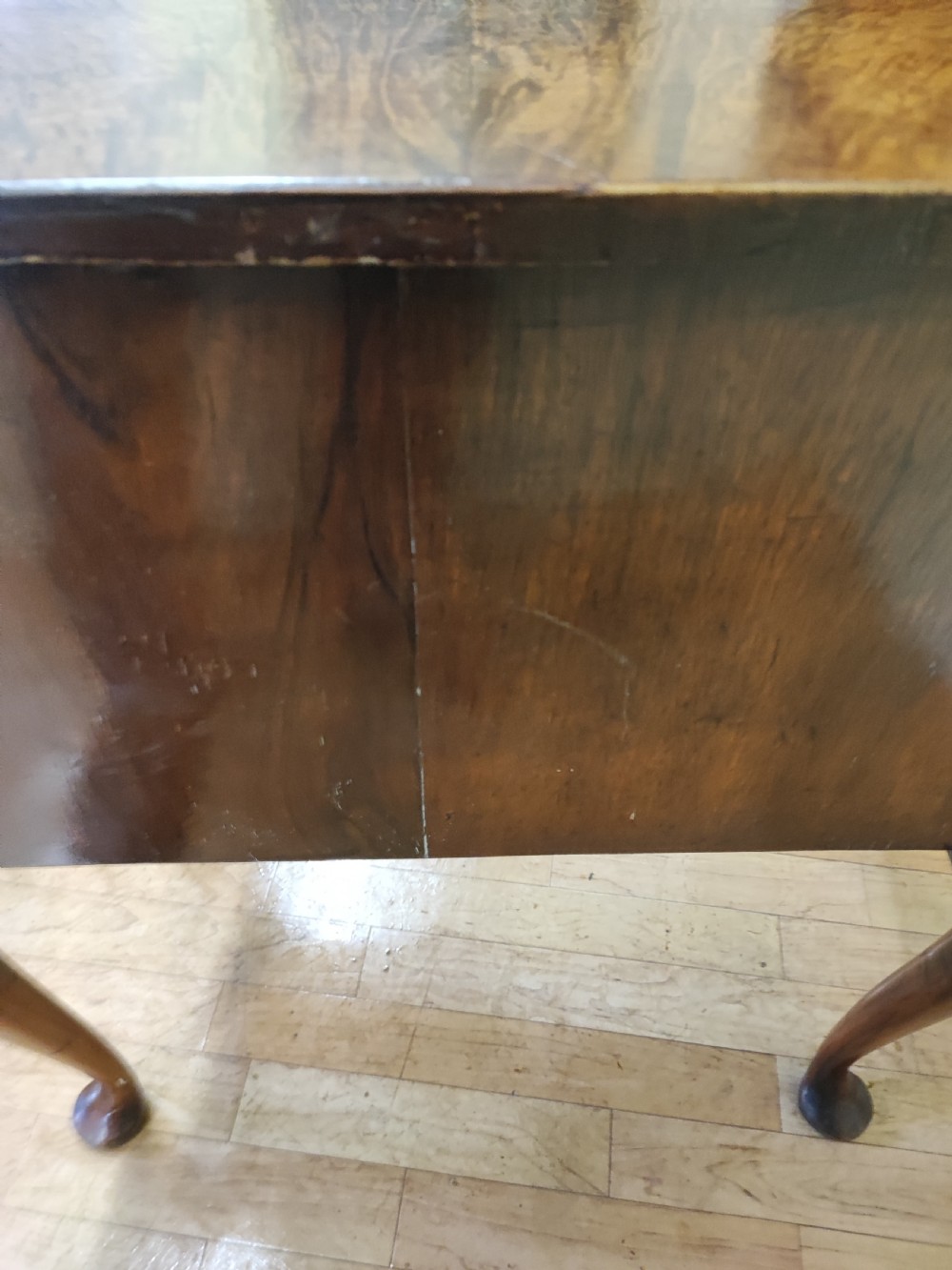 Antique walnut serpentine side table in the Queen Anne style. View VII