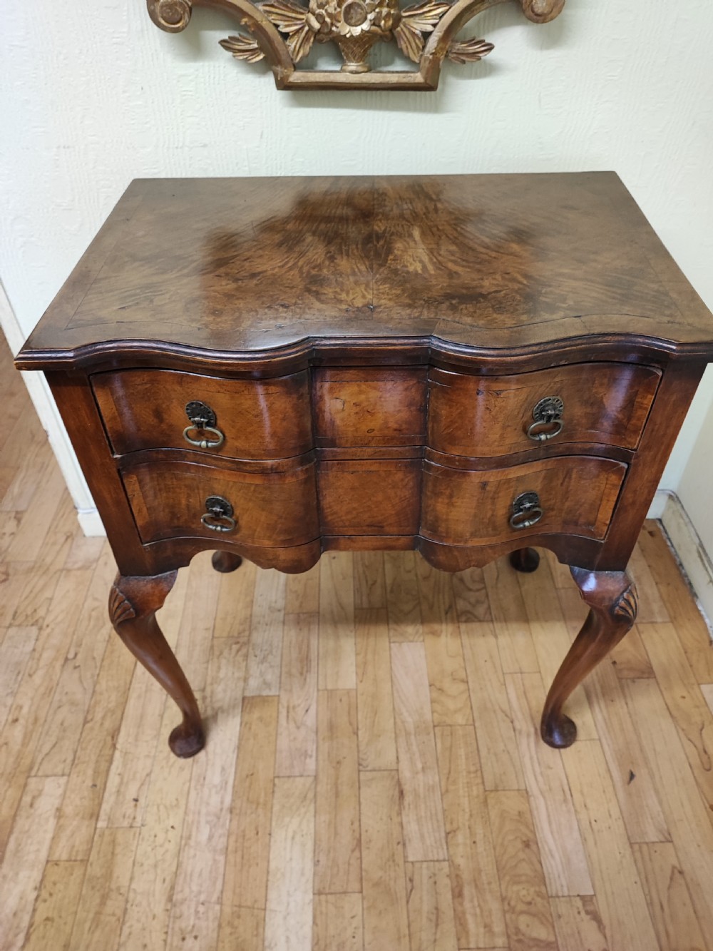 Antique walnut serpentine side table in the Queen Anne style. View X