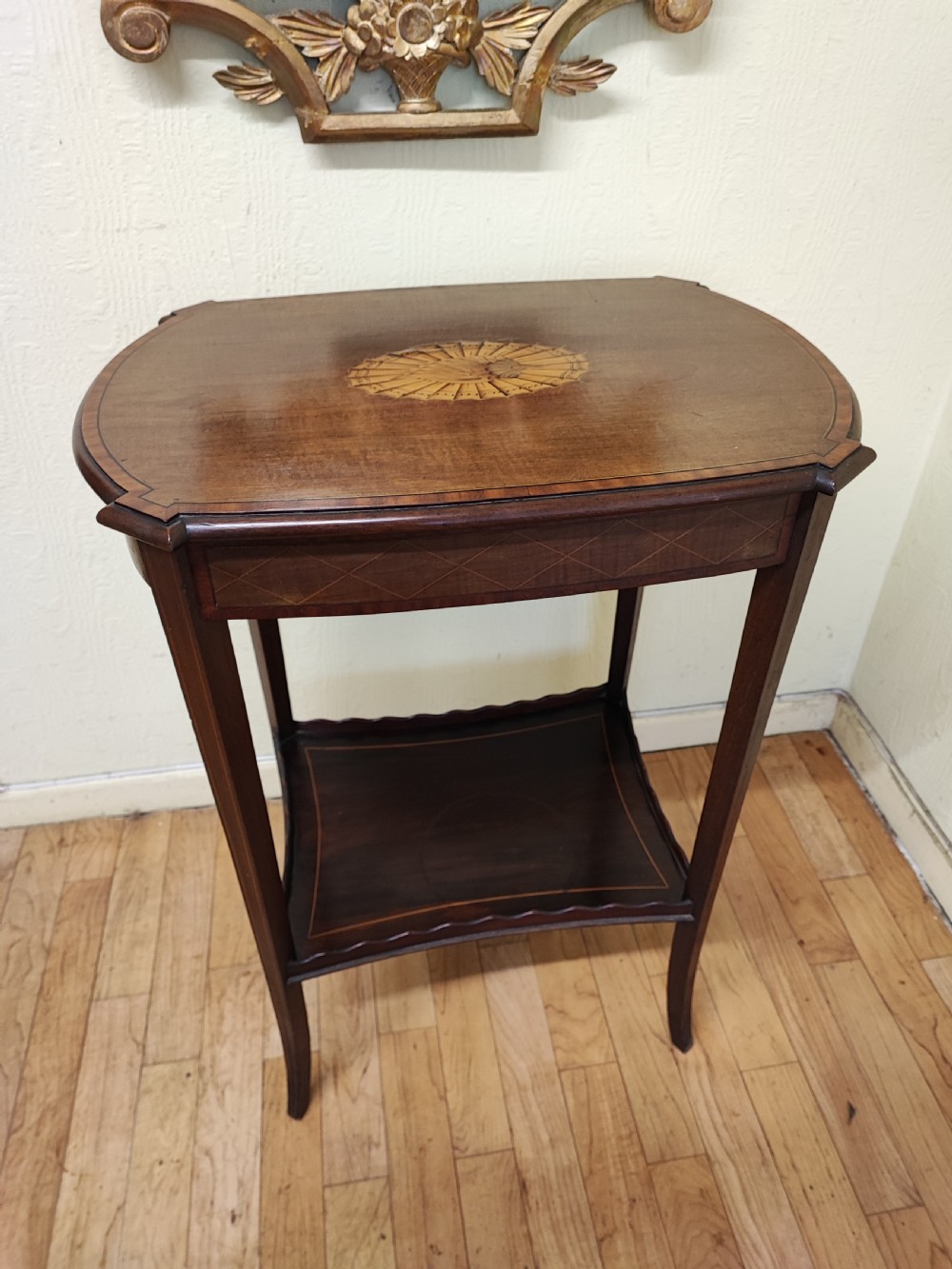 Antique, pretty inlaid side or occasional table. View II