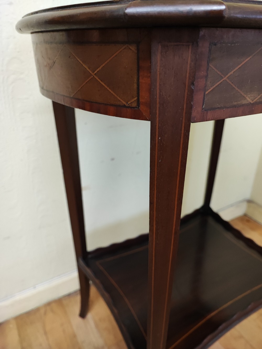 Antique, pretty inlaid side or occasional table. View V