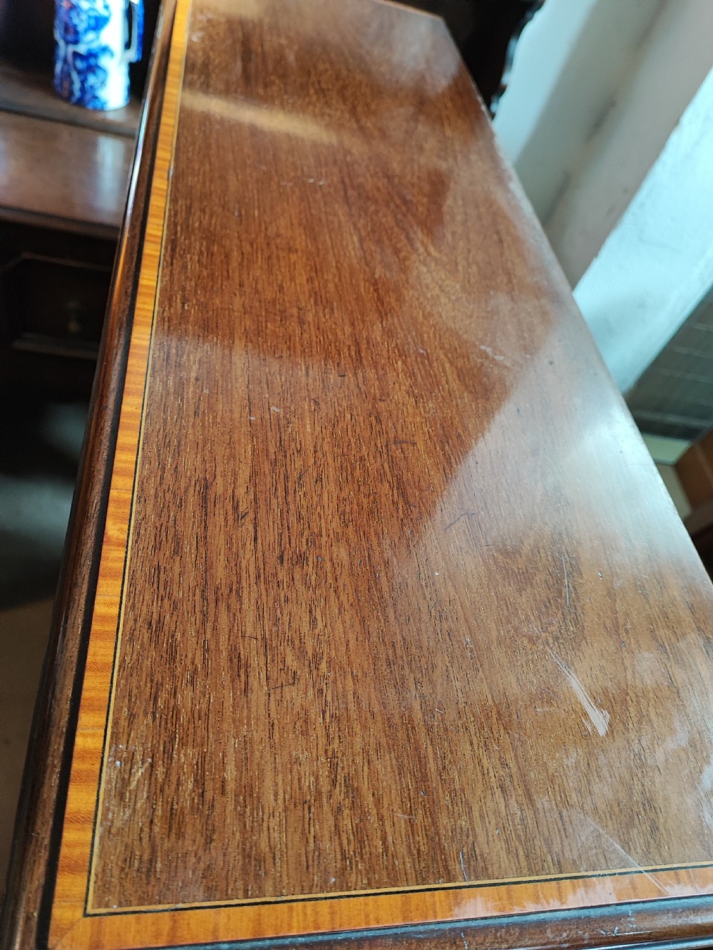 Edwardian inlaid mahogany open bookcase View VII
