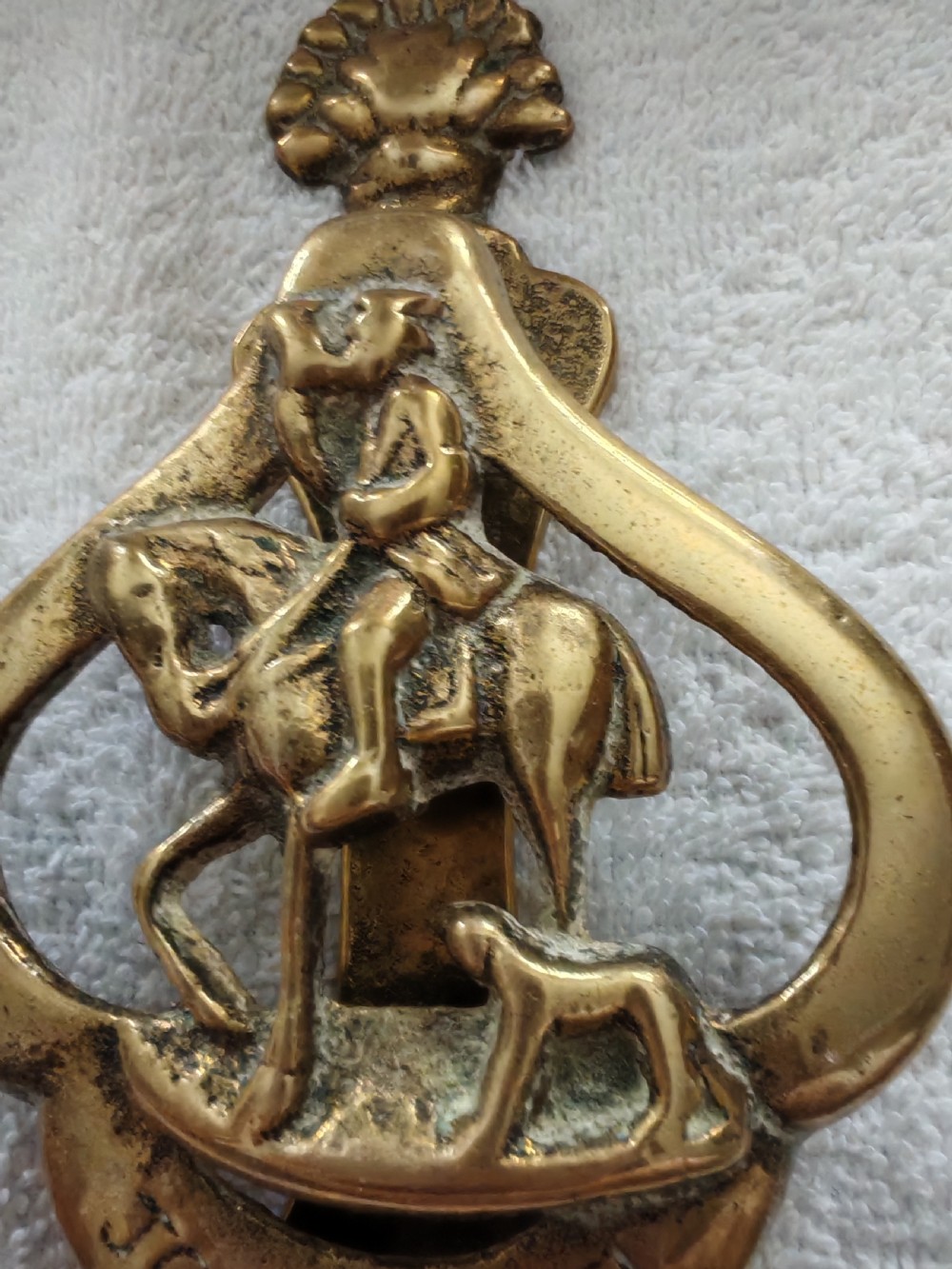 Antique brass door knocker depicting John Peel. View IV