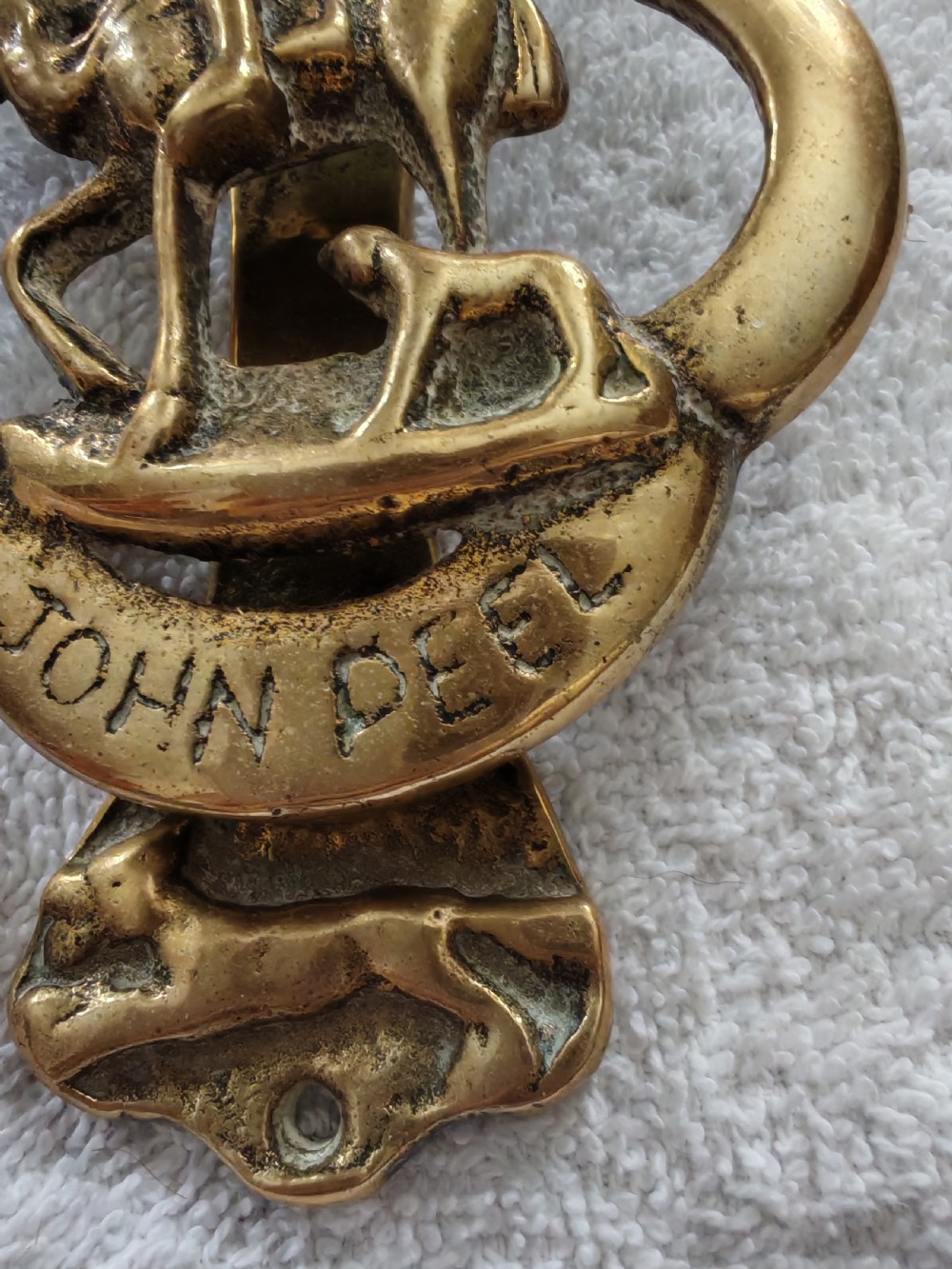 Antique brass door knocker depicting John Peel. View V