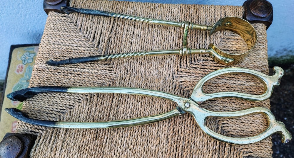 2 Victorian brass ember tongs.
