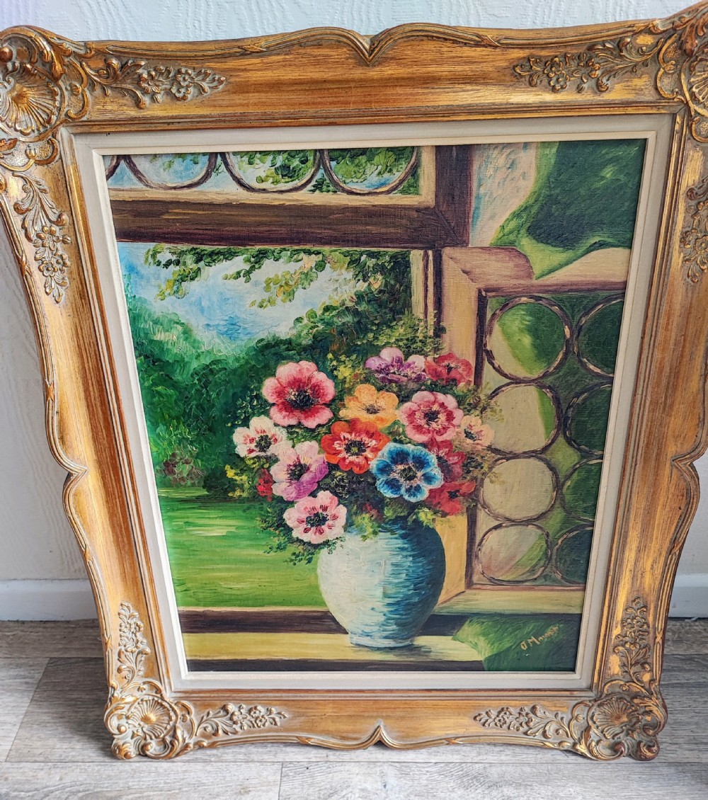 Oil painting , subject vase of flowers on a windowsill.