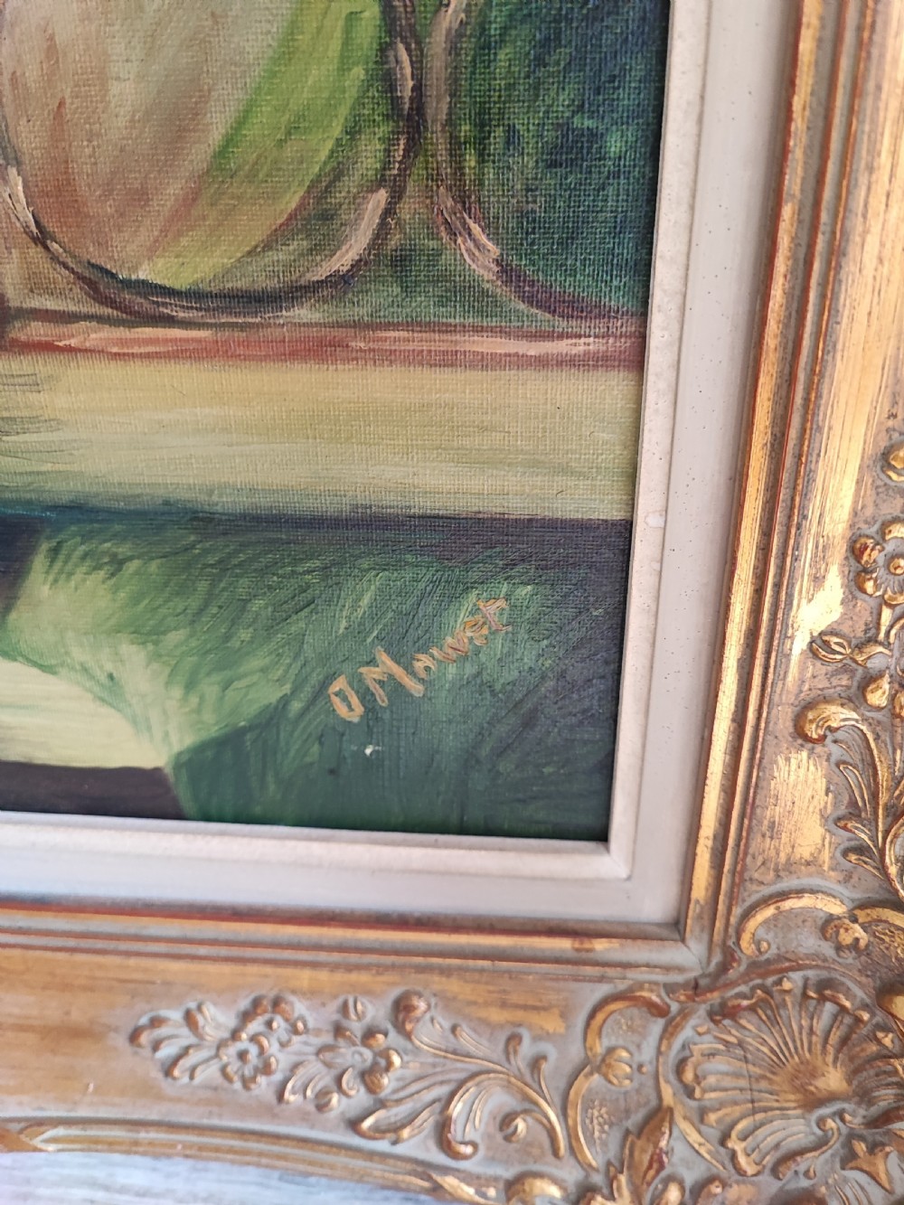 Oil painting , subject vase of flowers on a windowsill. View II