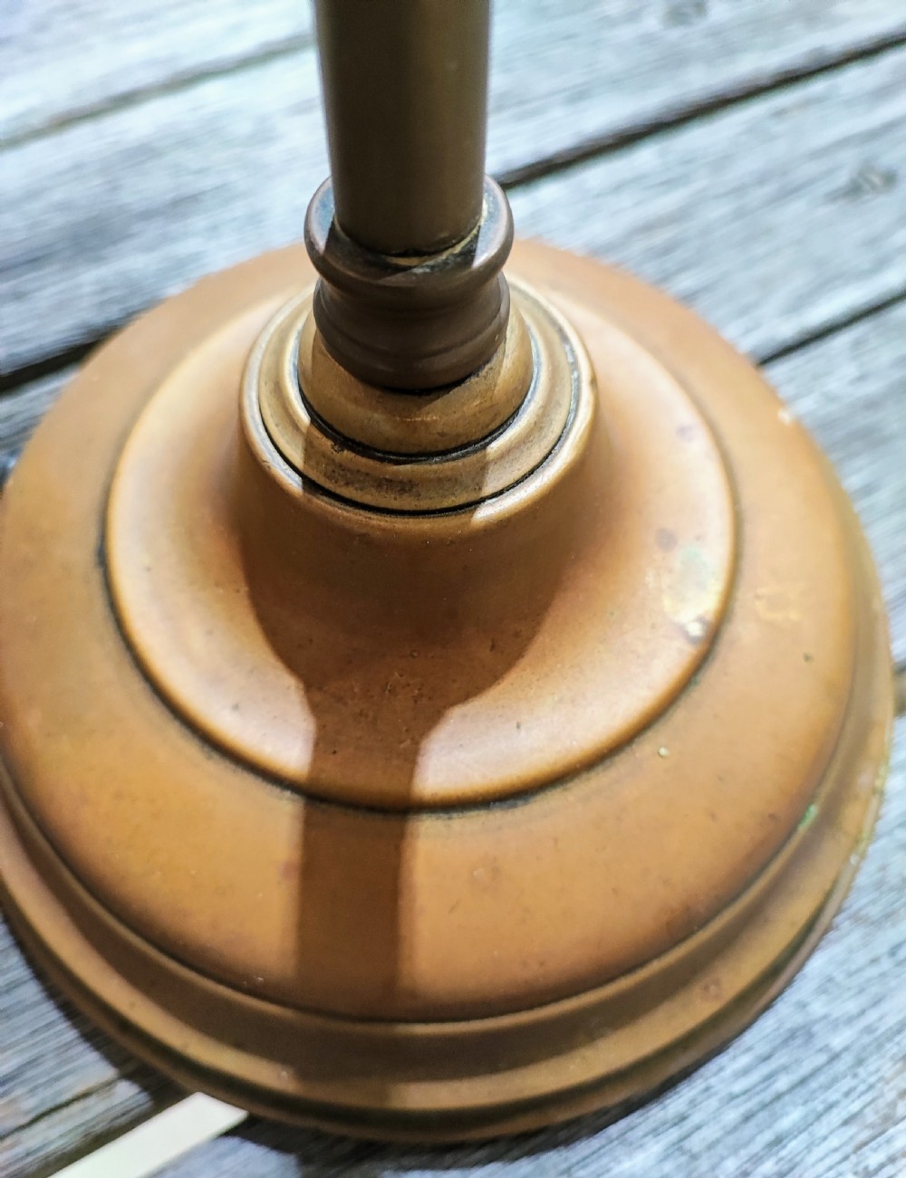 Antique copper articulated shell desk lamp. View V