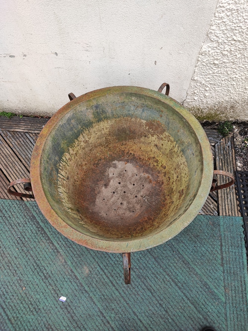 Antique Cast iron cauldron garden pot  on wrought iron stand. View III