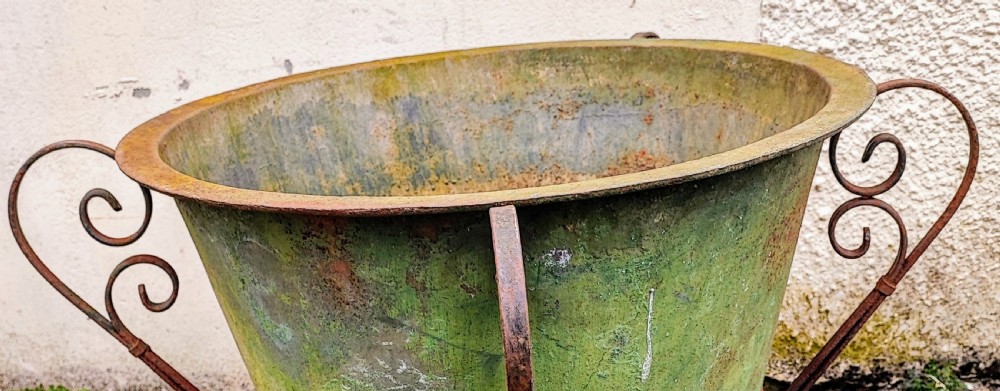 Antique Cast iron cauldron garden pot  on wrought iron stand. View IV