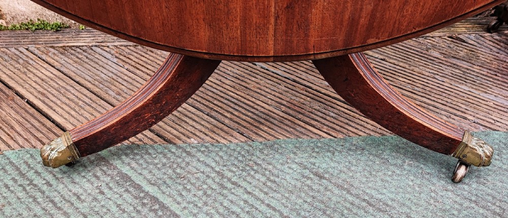 Regency mahogany circular tilt top dining table. View V