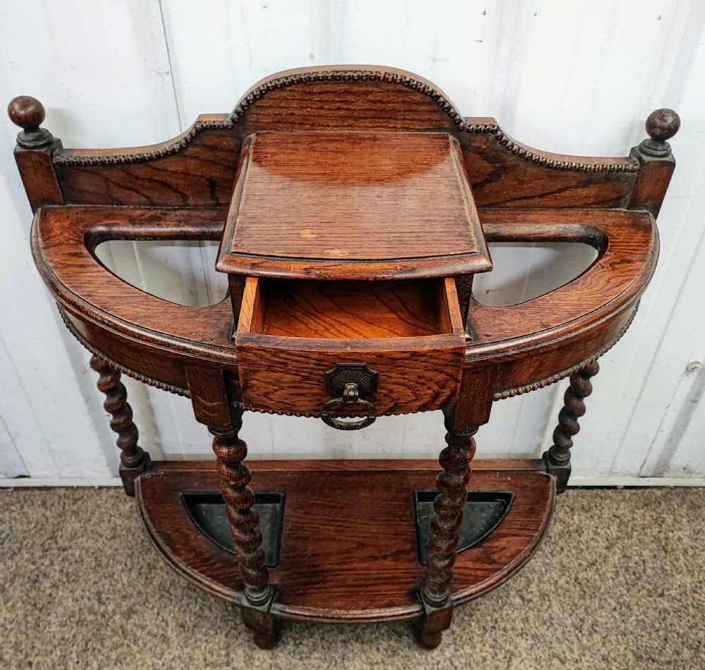 Antique English oak umbrella stick stand. View II