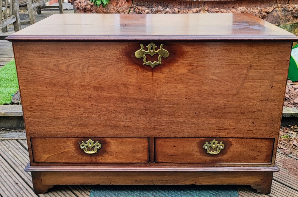A George III mahogany storage trunk featuring a hinged top lid, two lower drawers, and brass batwing escutcheon handles. View VIII