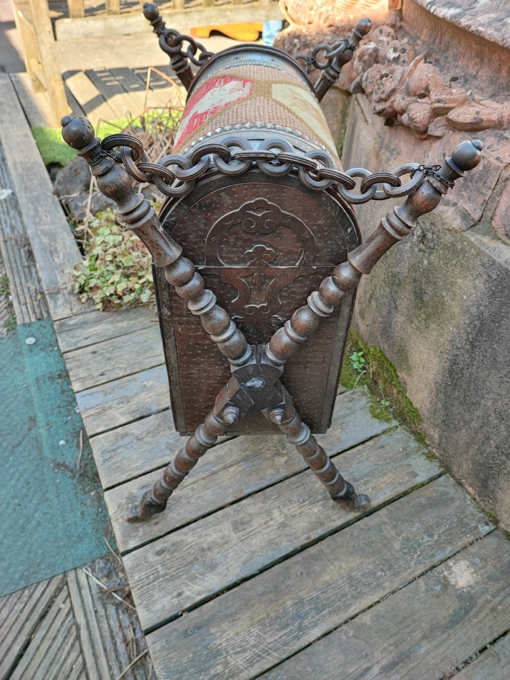 Antique black forest trunk in X frame stand View III