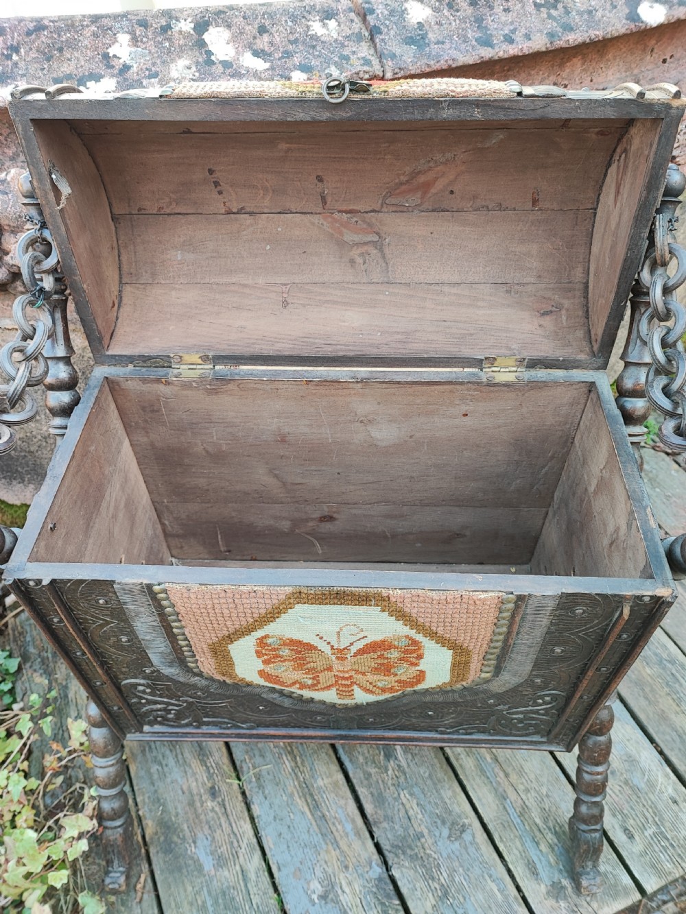 Antique black forest trunk in X frame stand View VI