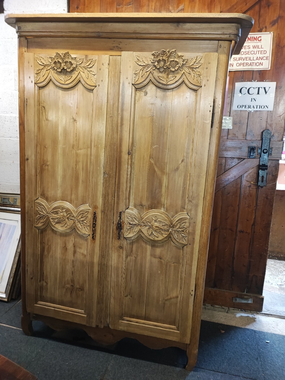 Antique, French pine marriage armoire. View II