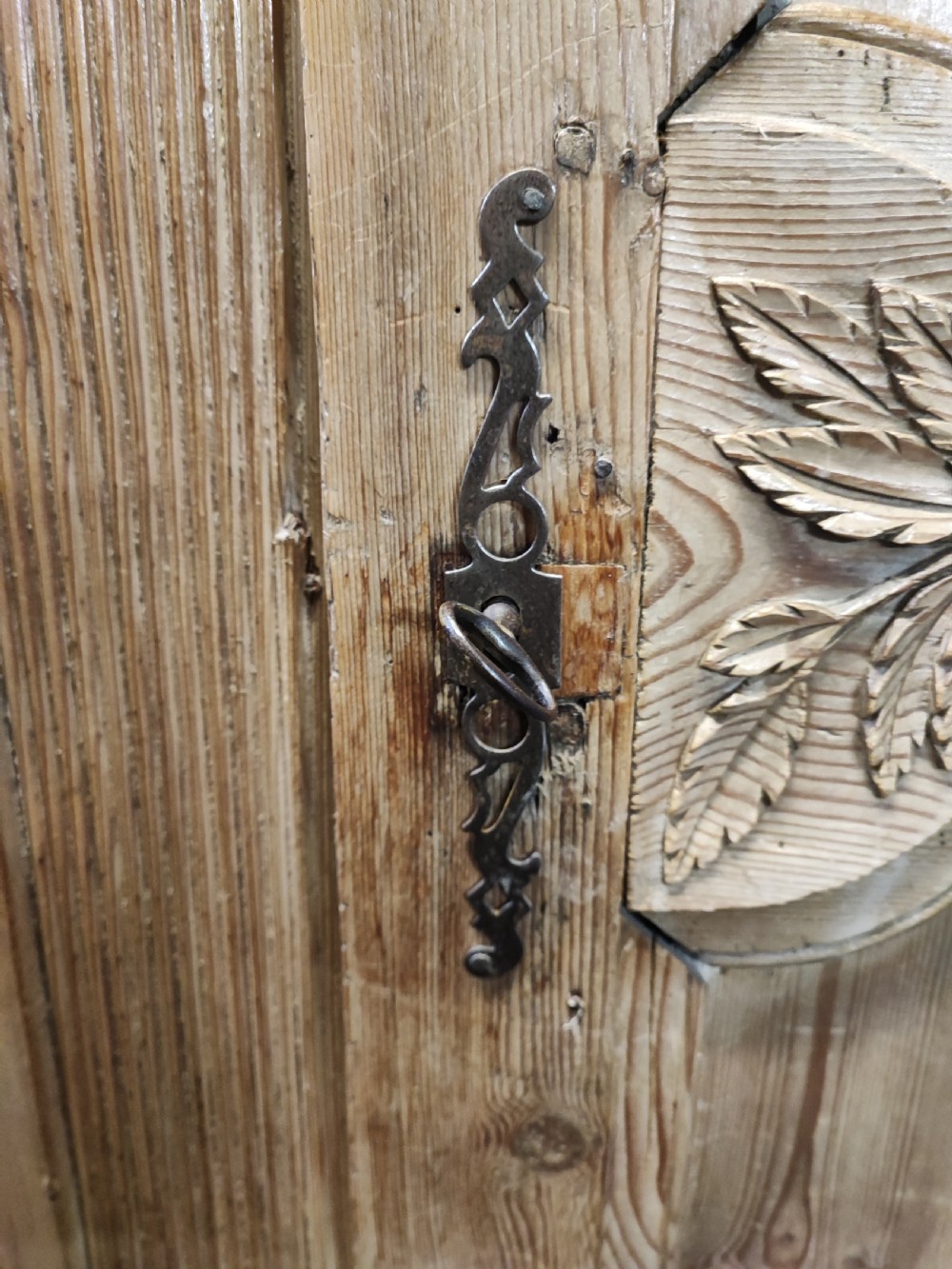 Antique, French pine marriage armoire. View VII