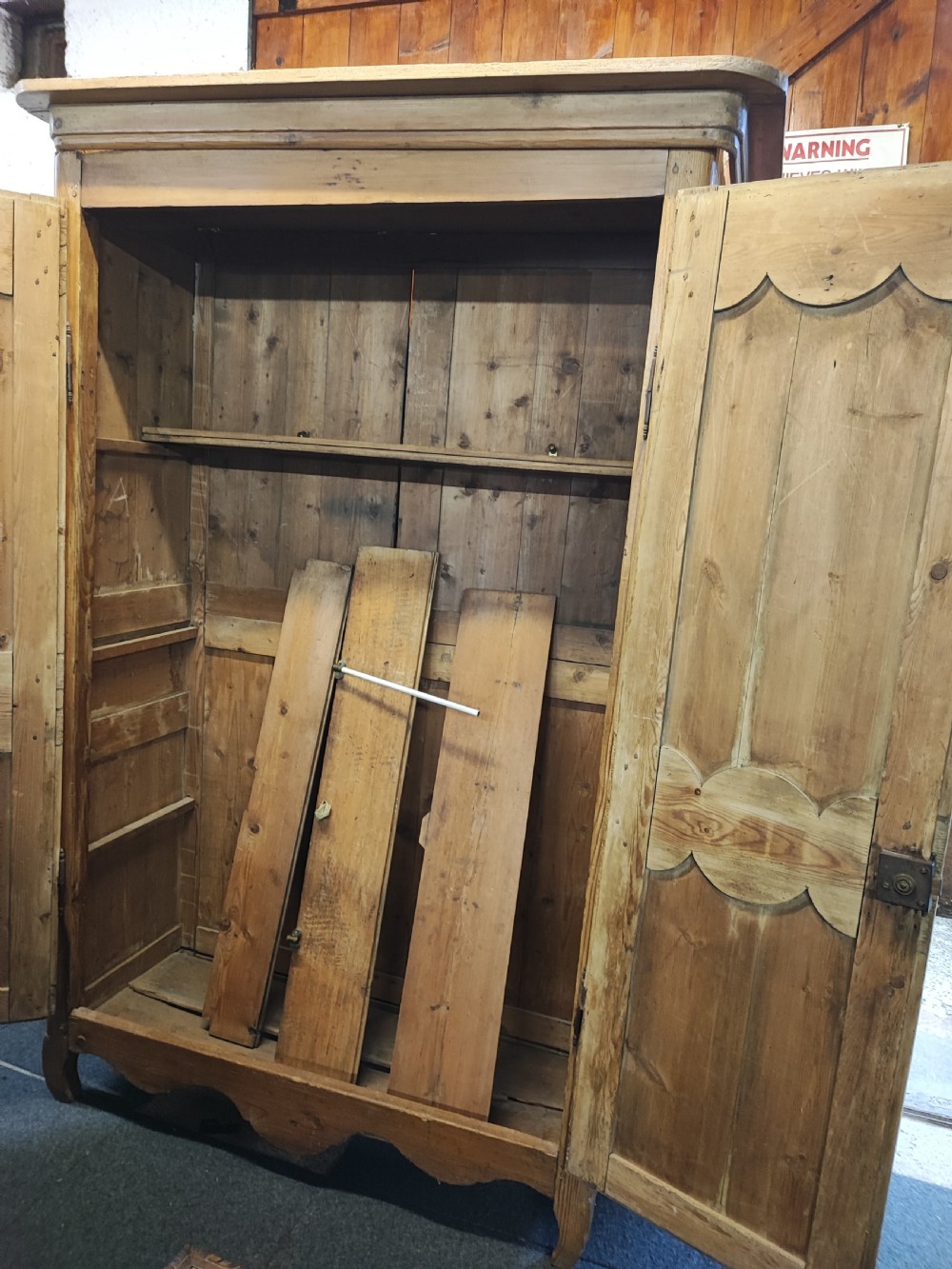 Antique, French pine marriage armoire. View IX