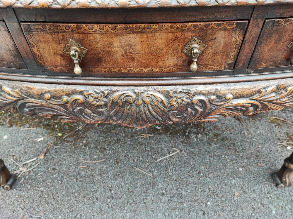 A superb Queen Anne style walnut marquetry carved and gilded hall table or side table. View II