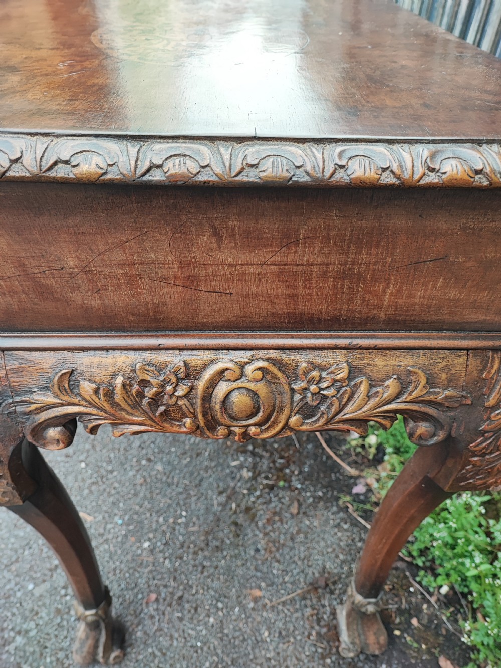 A superb Queen Anne style walnut marquetry carved and gilded hall table or side table. View III