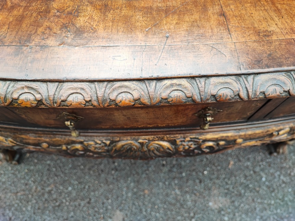 A superb Queen Anne style walnut marquetry carved and gilded hall table or side table. View IV