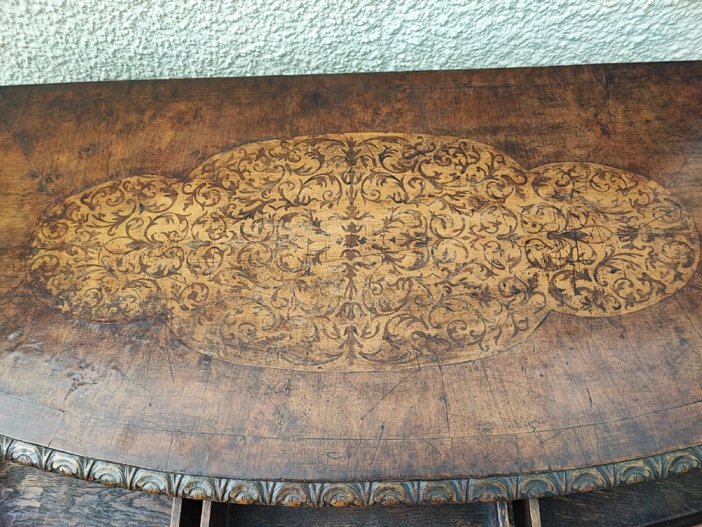 A superb Queen Anne style walnut marquetry carved and gilded hall table or side table. View X
