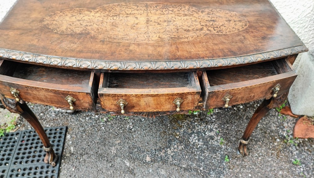 A superb Queen Anne style walnut marquetry carved and gilded hall table or side table. View XI