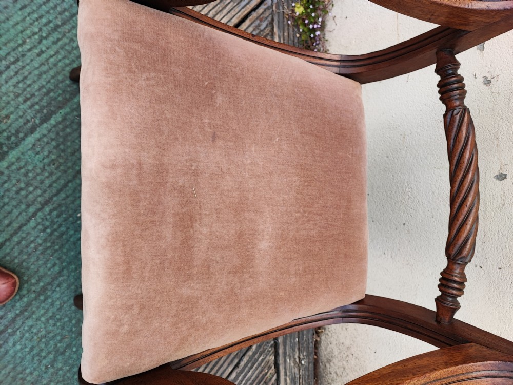 A side view of a Regency period mahogany armchair featuring carved scroll arms, sabre legs, and a padded seat. View III