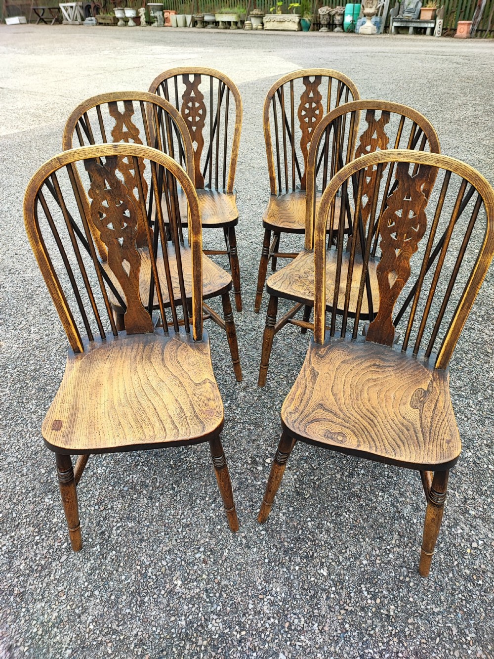 Antique set of 6 ash and elm kitchen dining chairs.