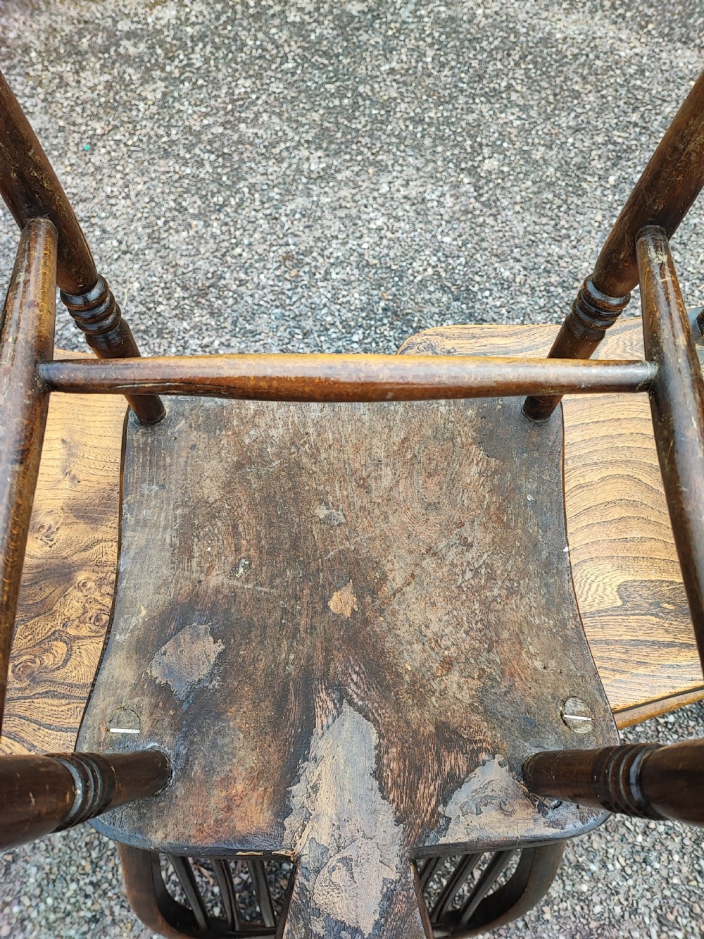 Antique set of 6 ash and elm kitchen dining chairs. View II