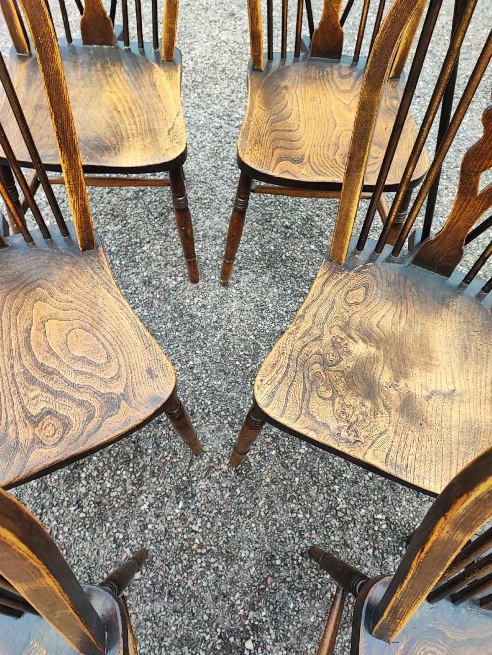 Antique set of 6 ash and elm kitchen dining chairs. View IV