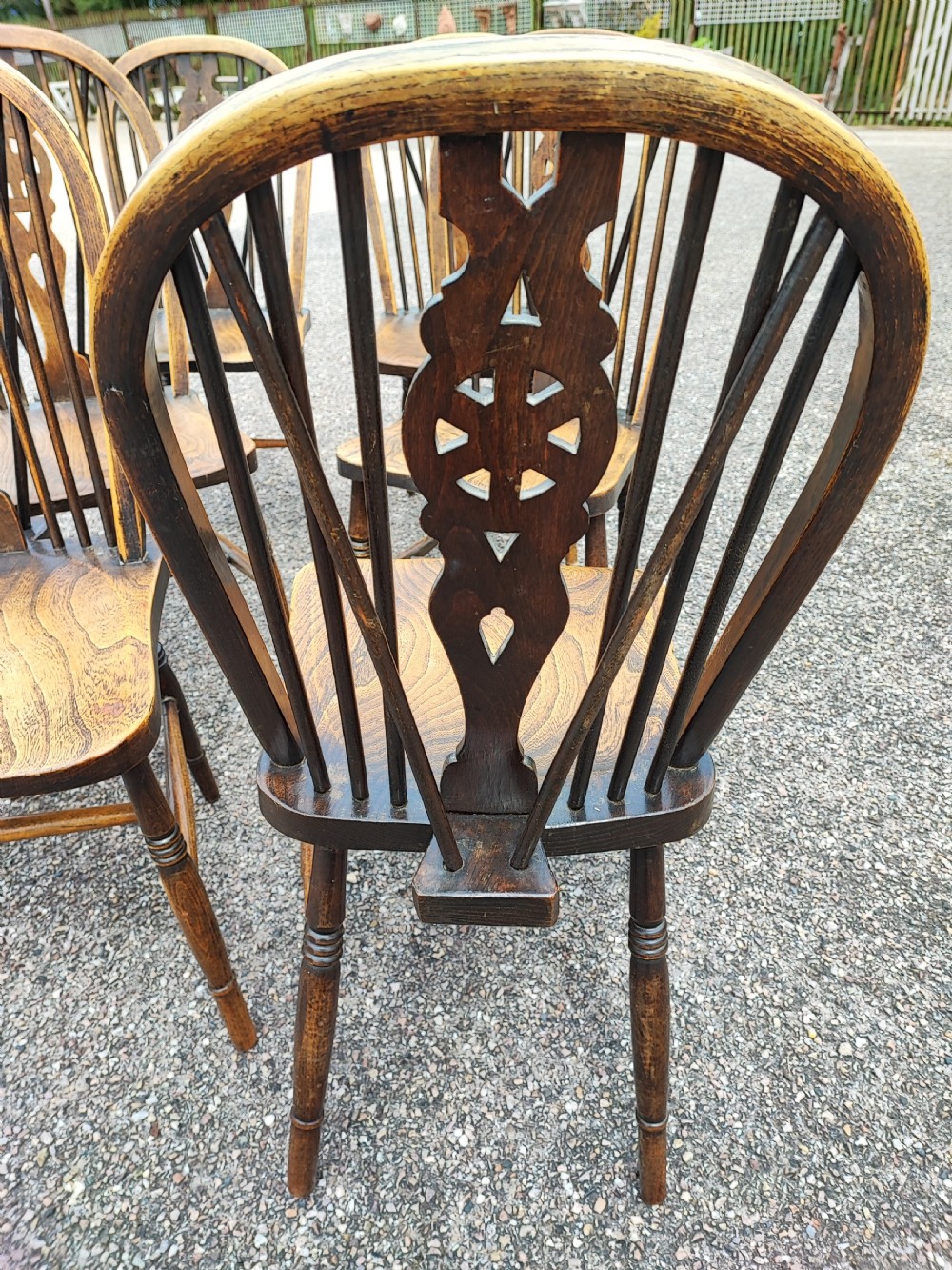 Antique set of 6 ash and elm kitchen dining chairs. View VI