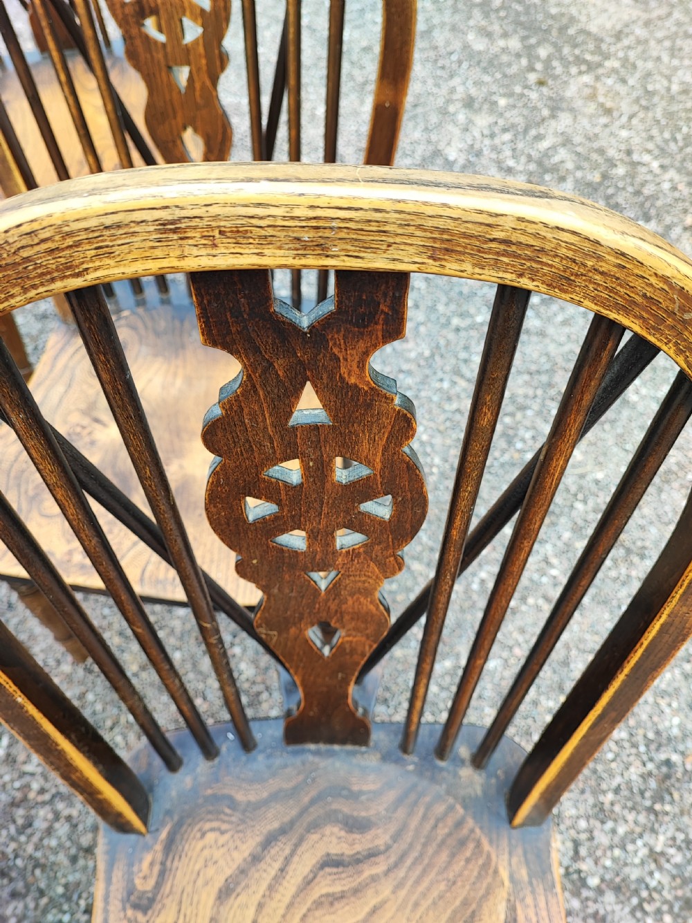 Antique set of 6 ash and elm kitchen dining chairs. View VIII