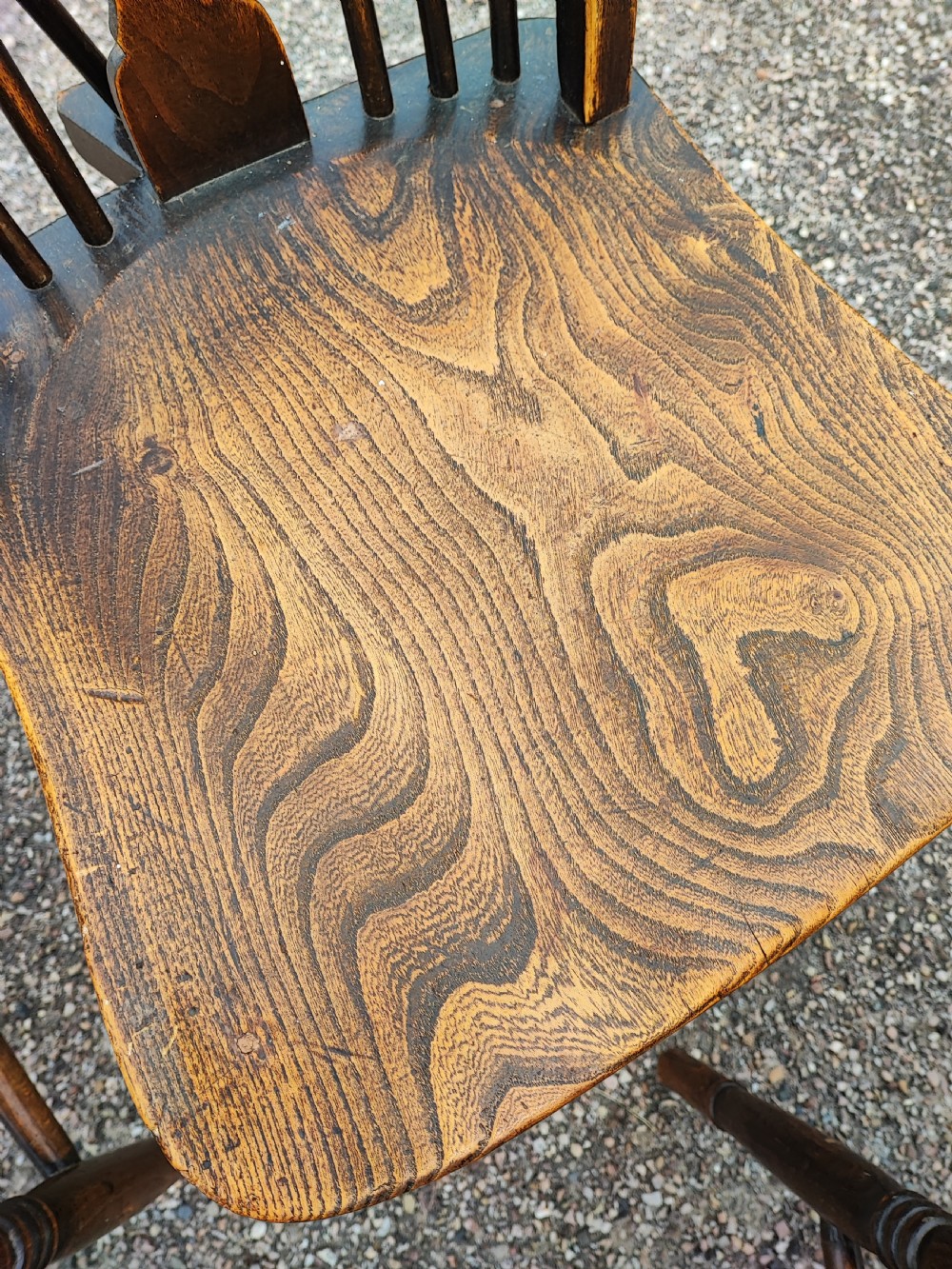 Antique set of 6 ash and elm kitchen dining chairs. View IX